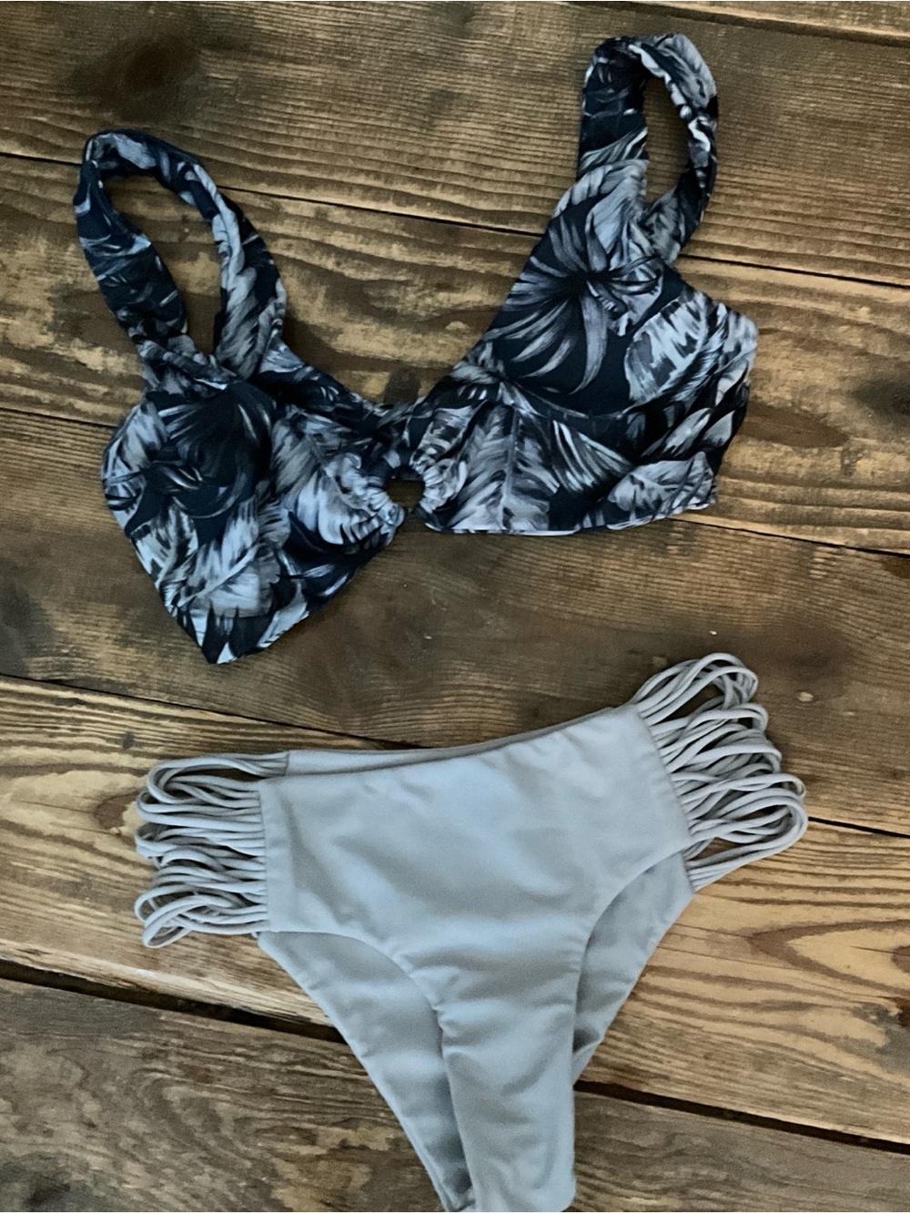Mikoh Bikini Set - Gray Bottoms and Dark Blue Floral Top